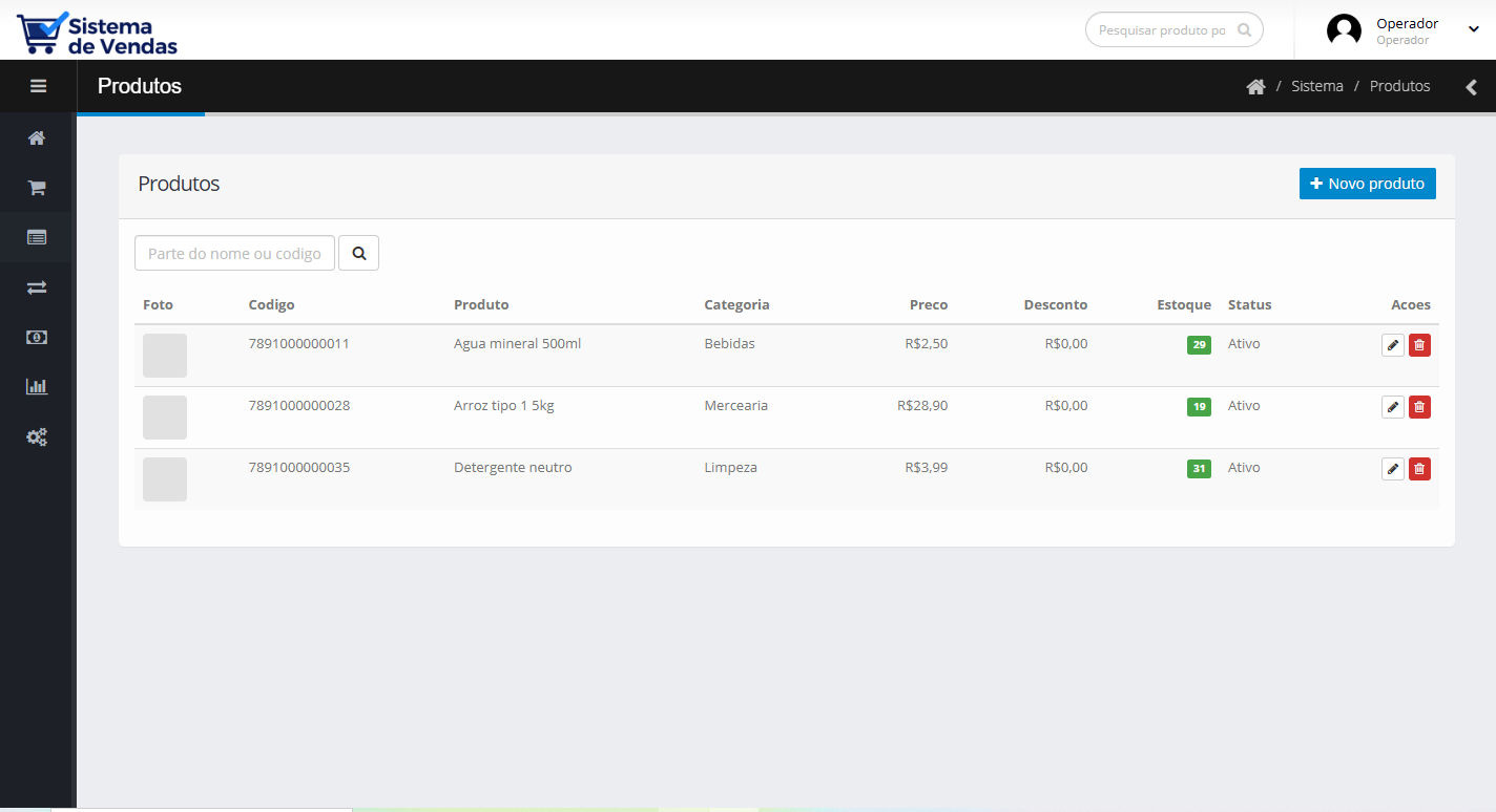 Tela real de controle de estoque online com lista de produtos